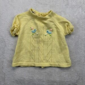 Vintage A Little Angel Baby Girl Yellow Knit Sweater 12M Embroidered Birds